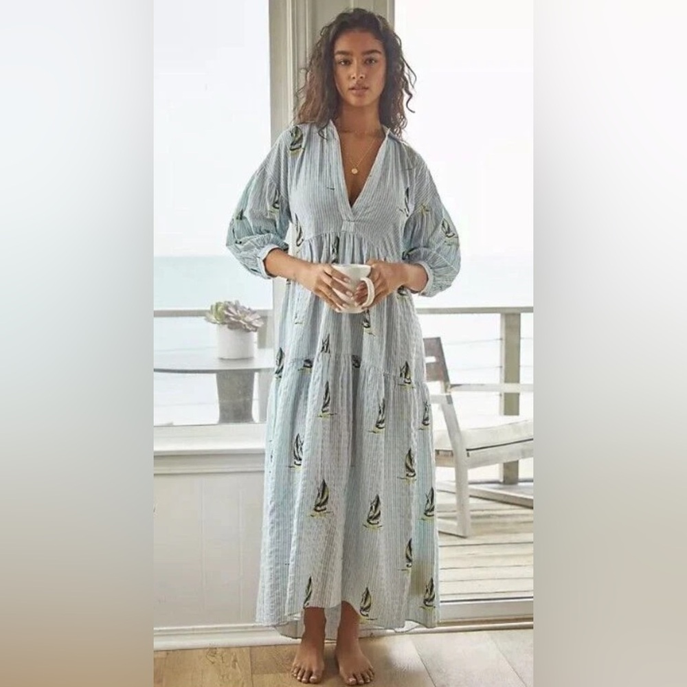 🛑SOLD🥳 Anthropologie Blue Sailboat Long Sleeve Dress size medium